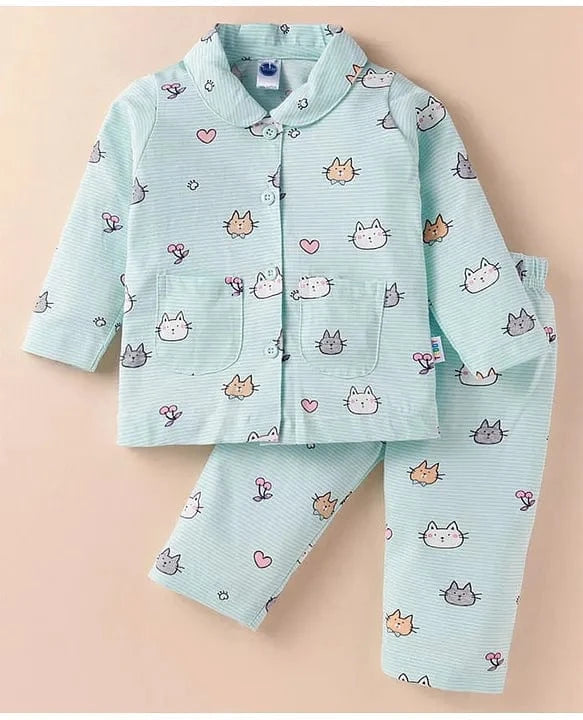 Blue Teddy Girls Full Sleeve Sleepwear Set