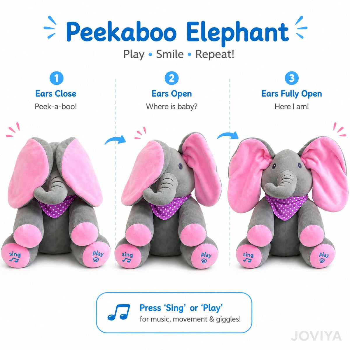 Peekaboo Musical Elephant Toy for Babies | Talking Plush Toy with Moving Ears