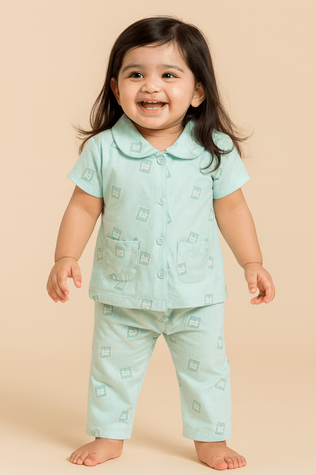 Night Suit For Girls | Half Sleeves | Front Open