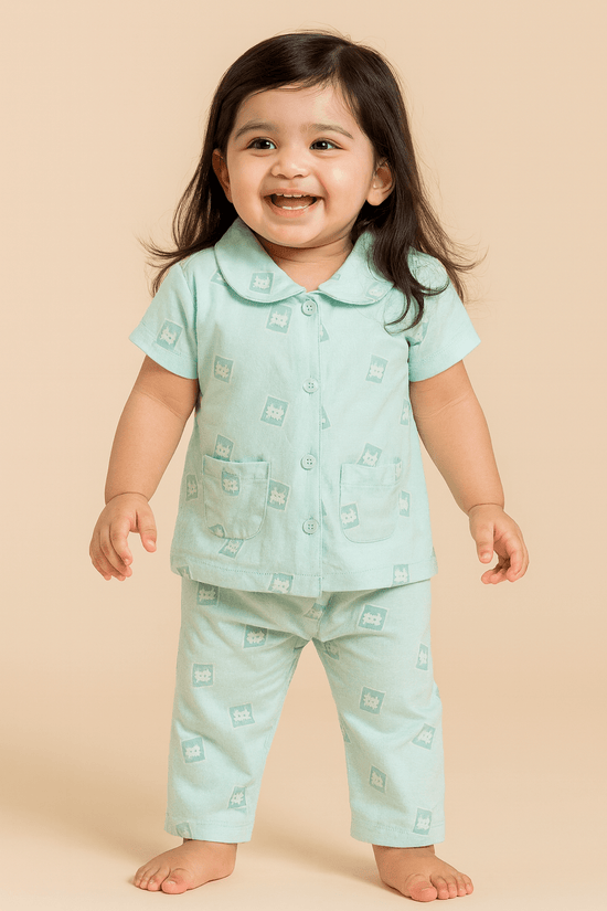 Night Suit For Girls | Half Sleeves | Front Open