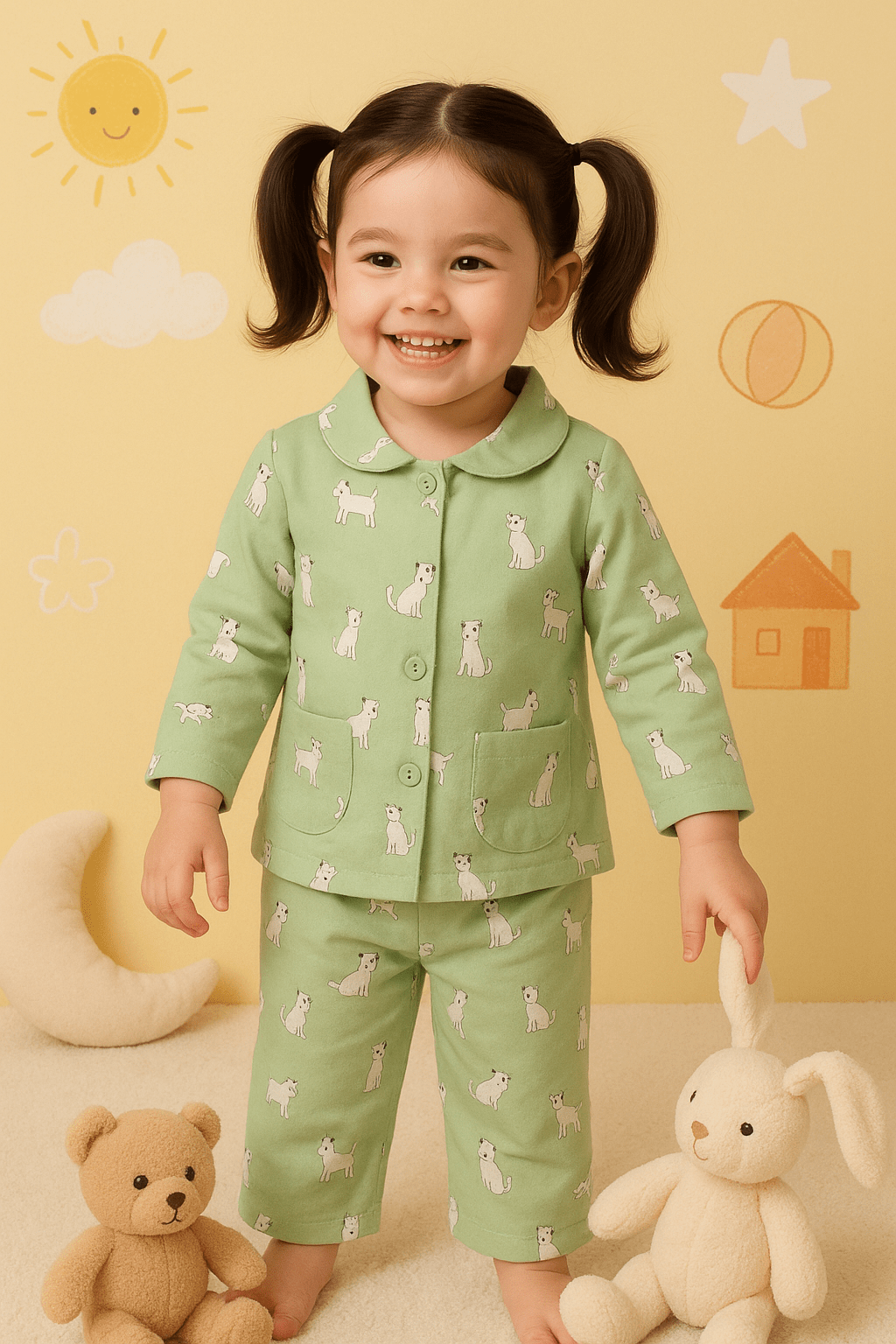 Night Suit For Baby Girls | Cat Print | Green