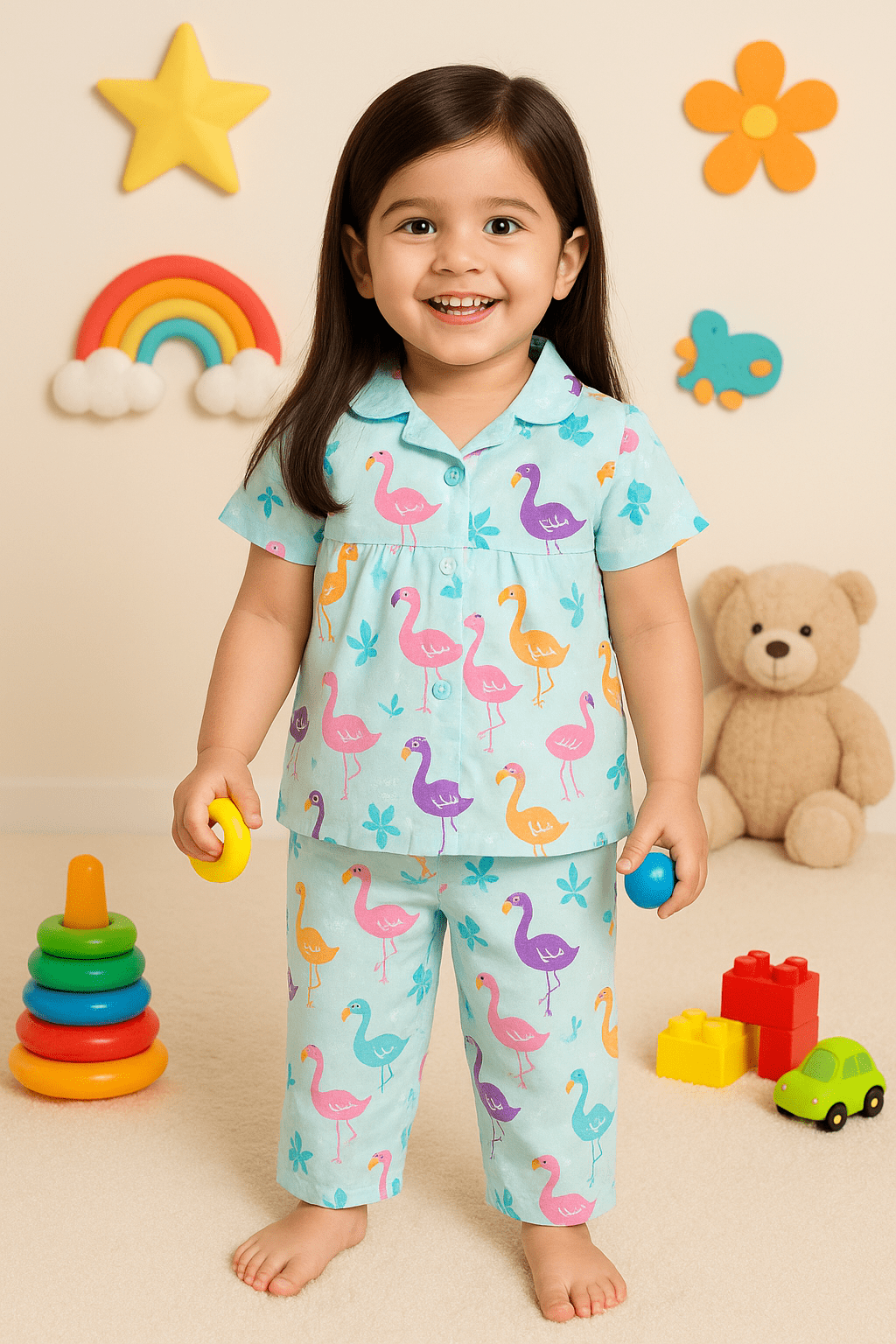 SleepWear Set For Baby Girls | Flamingo Print | Blue