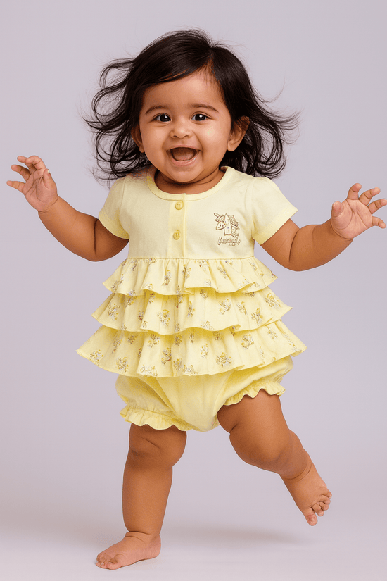 Yellow Floral Printed Frock For Girls