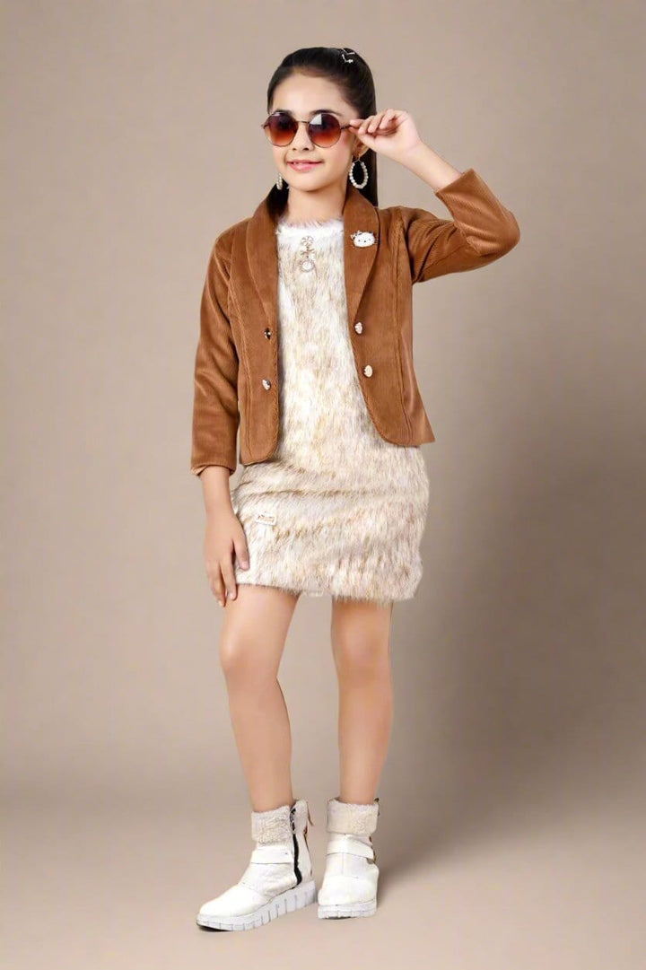 Cream OnePiece For Girls With Brown Blazer