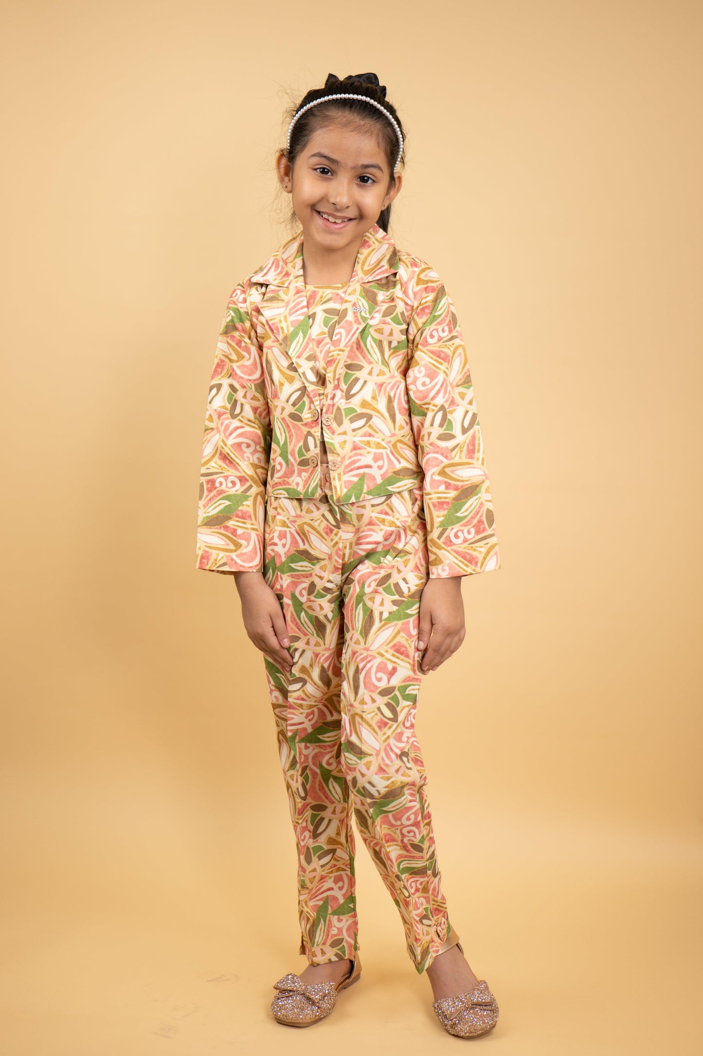 Cord Sets For Girls: Beige Base with Multi Colour Leaves Pattern Jacket and Pants with Inner