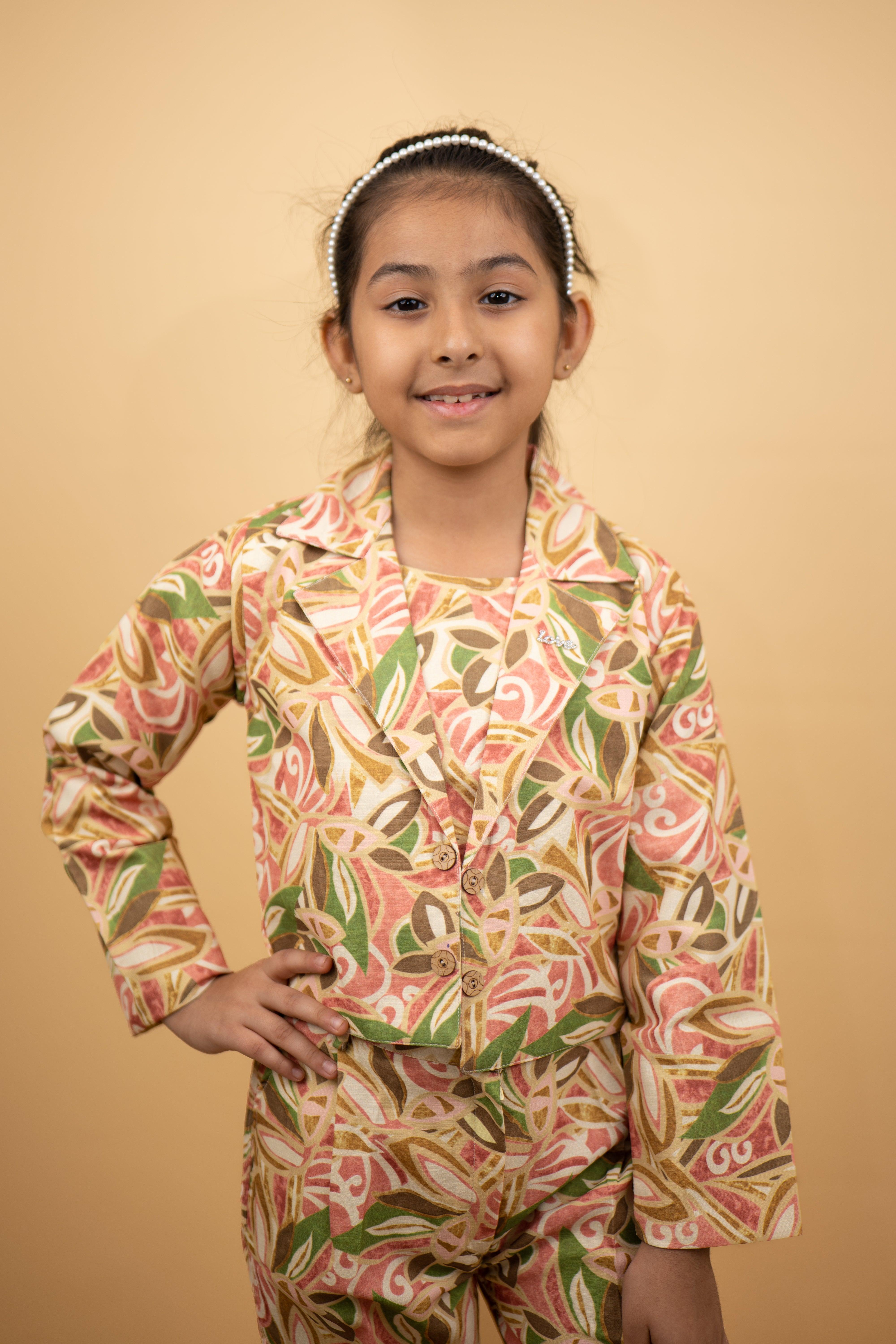 Cord Sets For Girls: Beige Base with Multi Colour Leaves Pattern Jacket and Pants with Inner