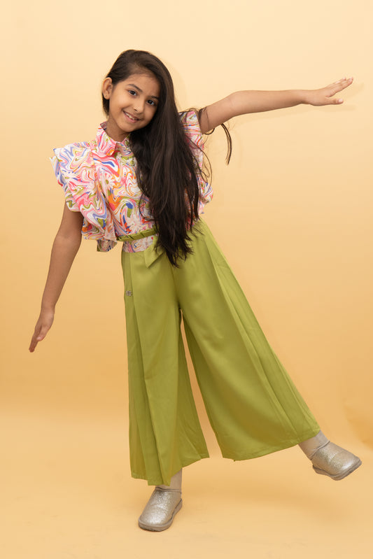 Plazzo Set For Girls: Multi color Shirt Pattern Top with Parrot Green Plazzo