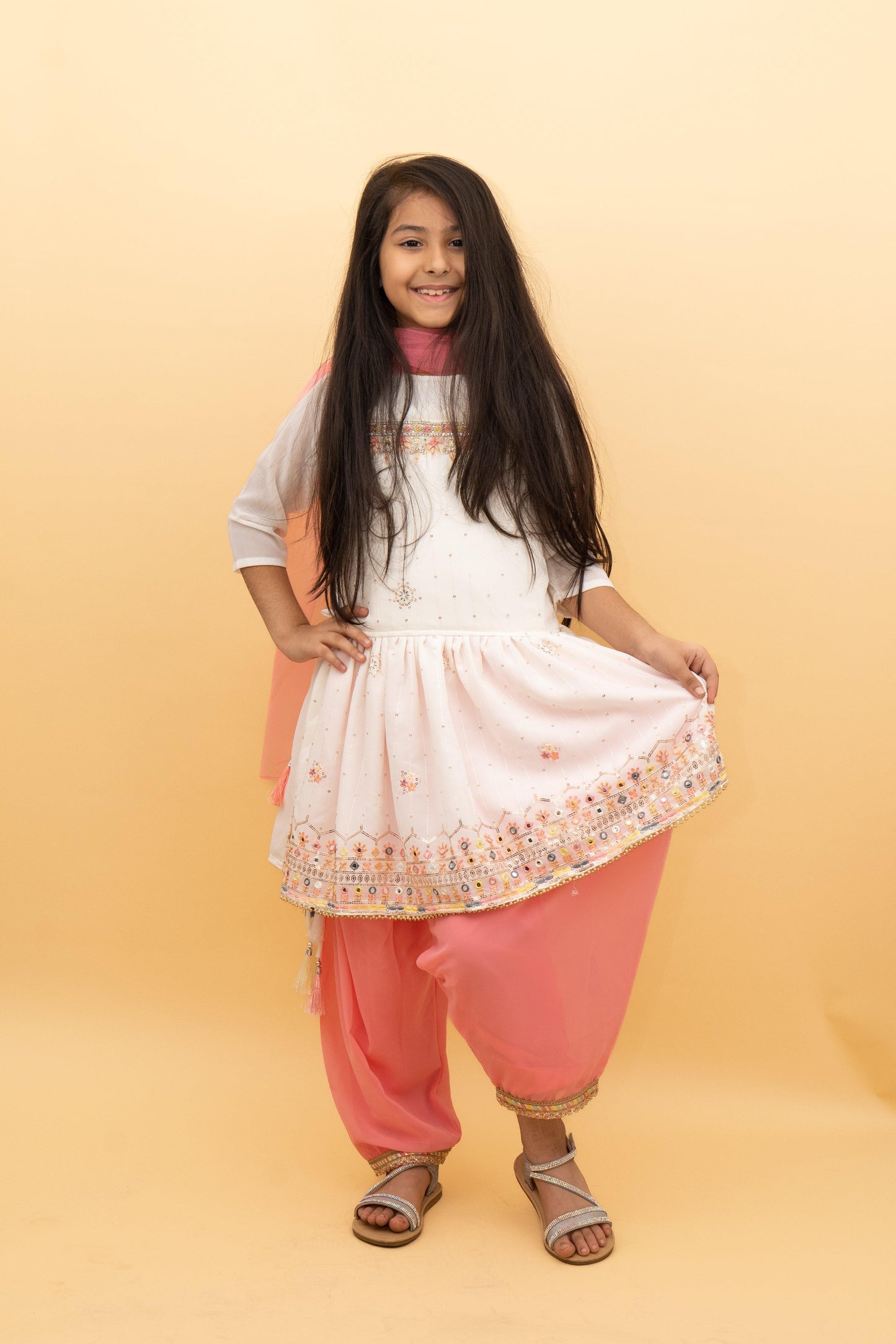 Cute Peach Girls Dhoti Set