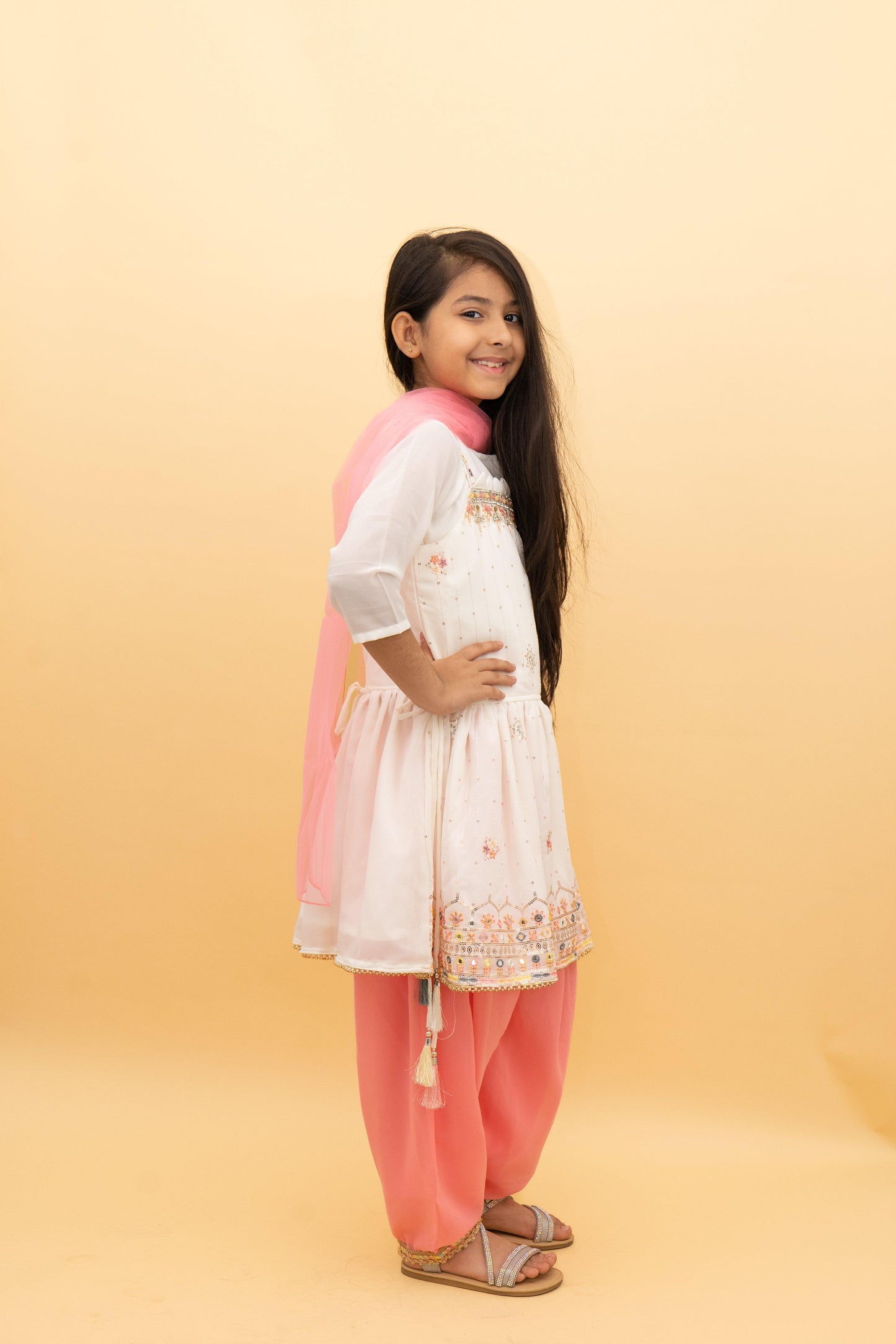 Cute Peach Girls Dhoti Set