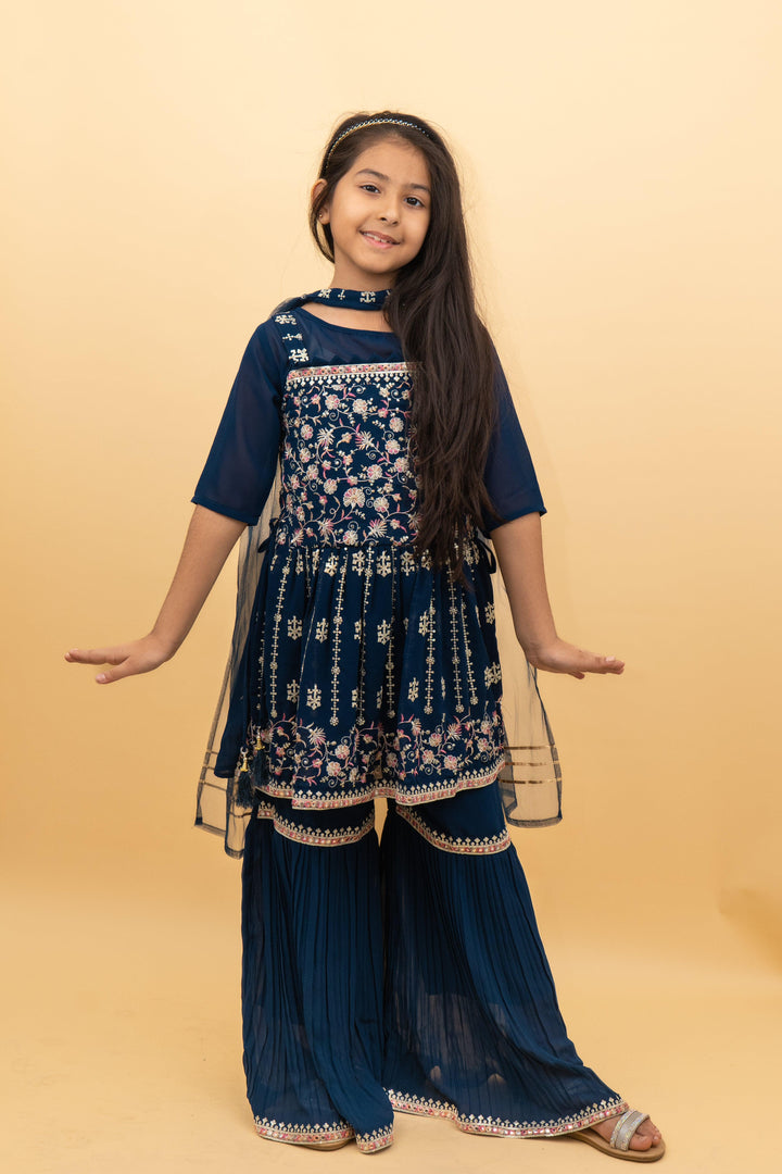 Sharara Set For Girls: Peacock Color Sharara Set With Embroidery