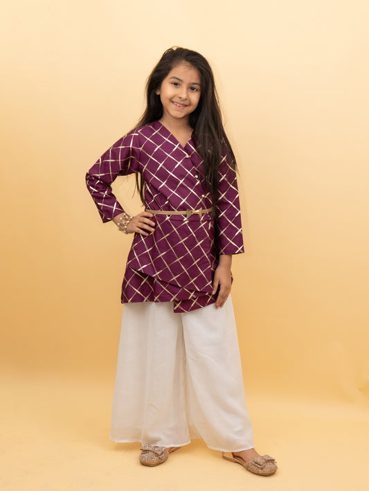 Plazzo Set For Girls: Wine Kurta with Golden Printed Chek And Plazzo