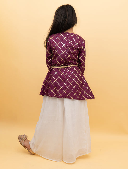 Plazzo Set For Girls: Wine Kurta with Golden Printed Chek And Plazzo