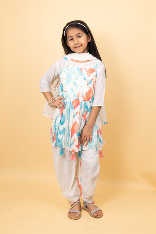 Kurta Dhoti Set For Girls: White Firozi Kurta Dhoti Dupatta Set