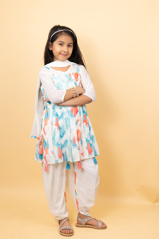 Kurta Dhoti Set For Girls: White Firozi Kurta Dhoti Dupatta Set