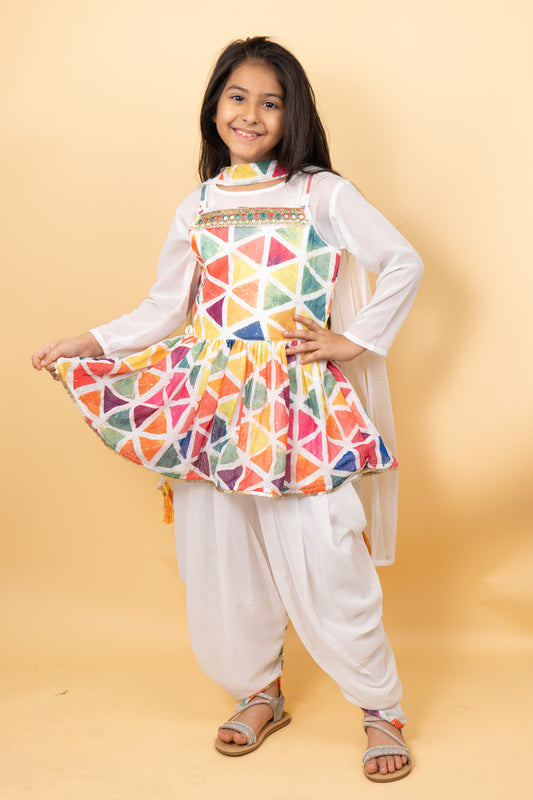 Geometrical Print Multicolor Kurti With White Dupatta and Dhoti Set