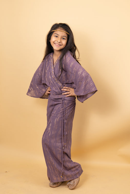 Plazzo Set For Girls: Purple Base with Golden Lining Top And Plazzo Set