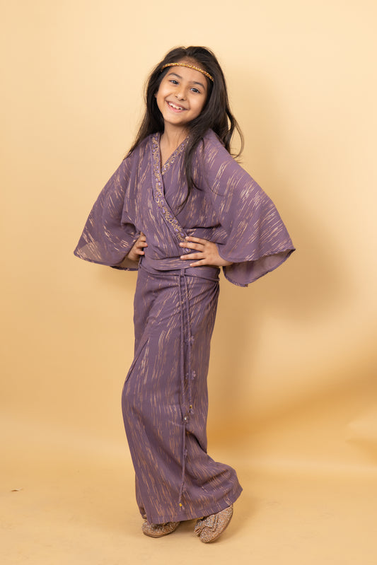 Plazzo Set For Girls: Purple Base with Golden Lining Top And Plazzo Set