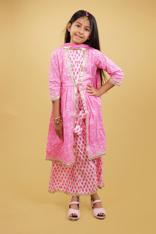 Sharara Set For Girls: Printed Pink Shrug Pattern Sharara Set