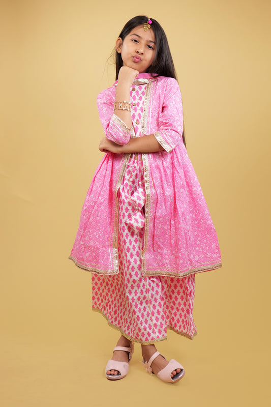 Sharara Set For Girls: Printed Pink Shrug Pattern Sharara Set