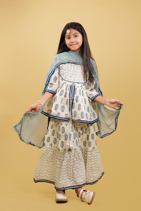 Sharara Set For Girls: Printed Grey Sharara Set With Grey Dupatta