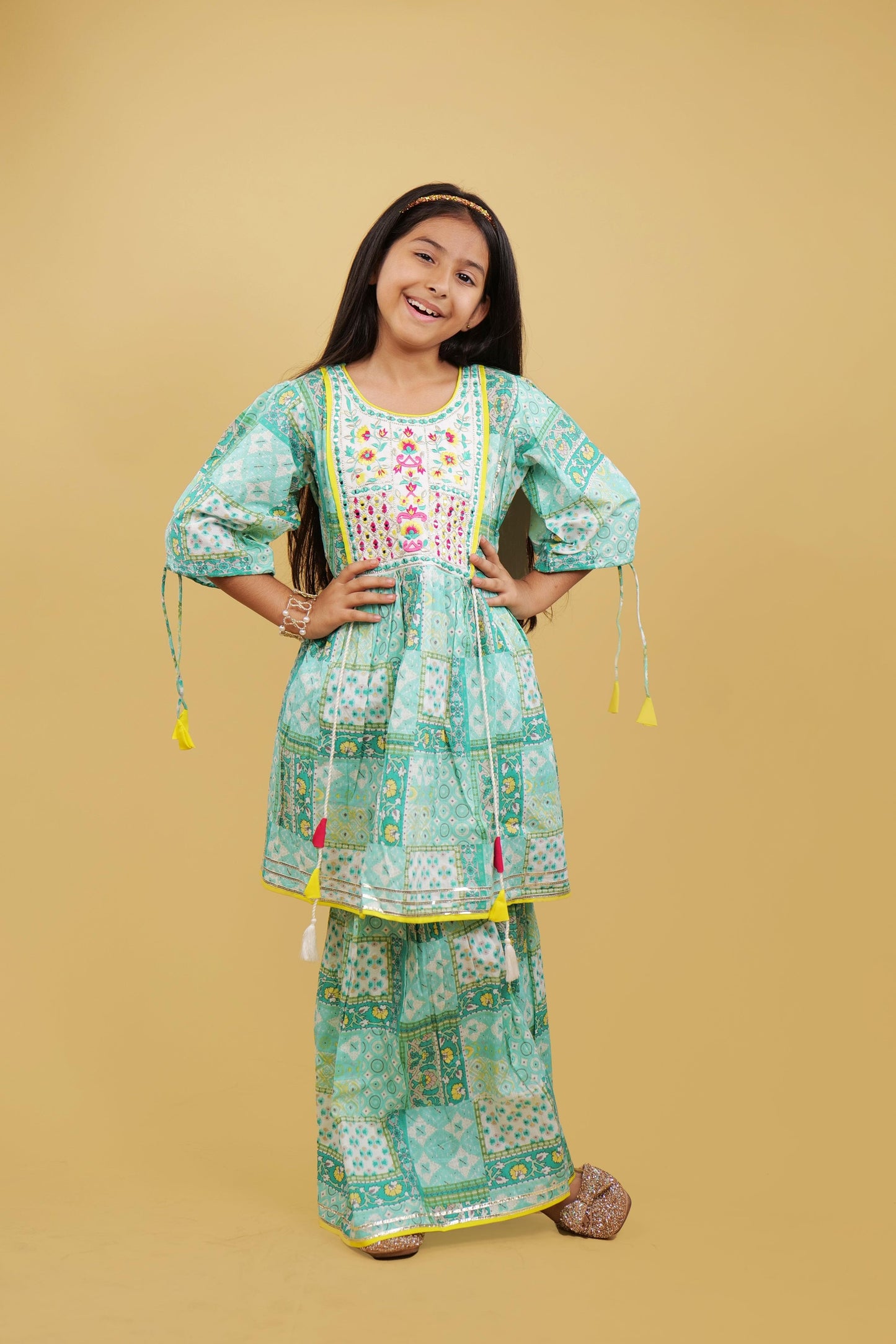 Kurta Sharara Set For Girls: Pista Printed Jaipuri Style Sharara Set For Girls