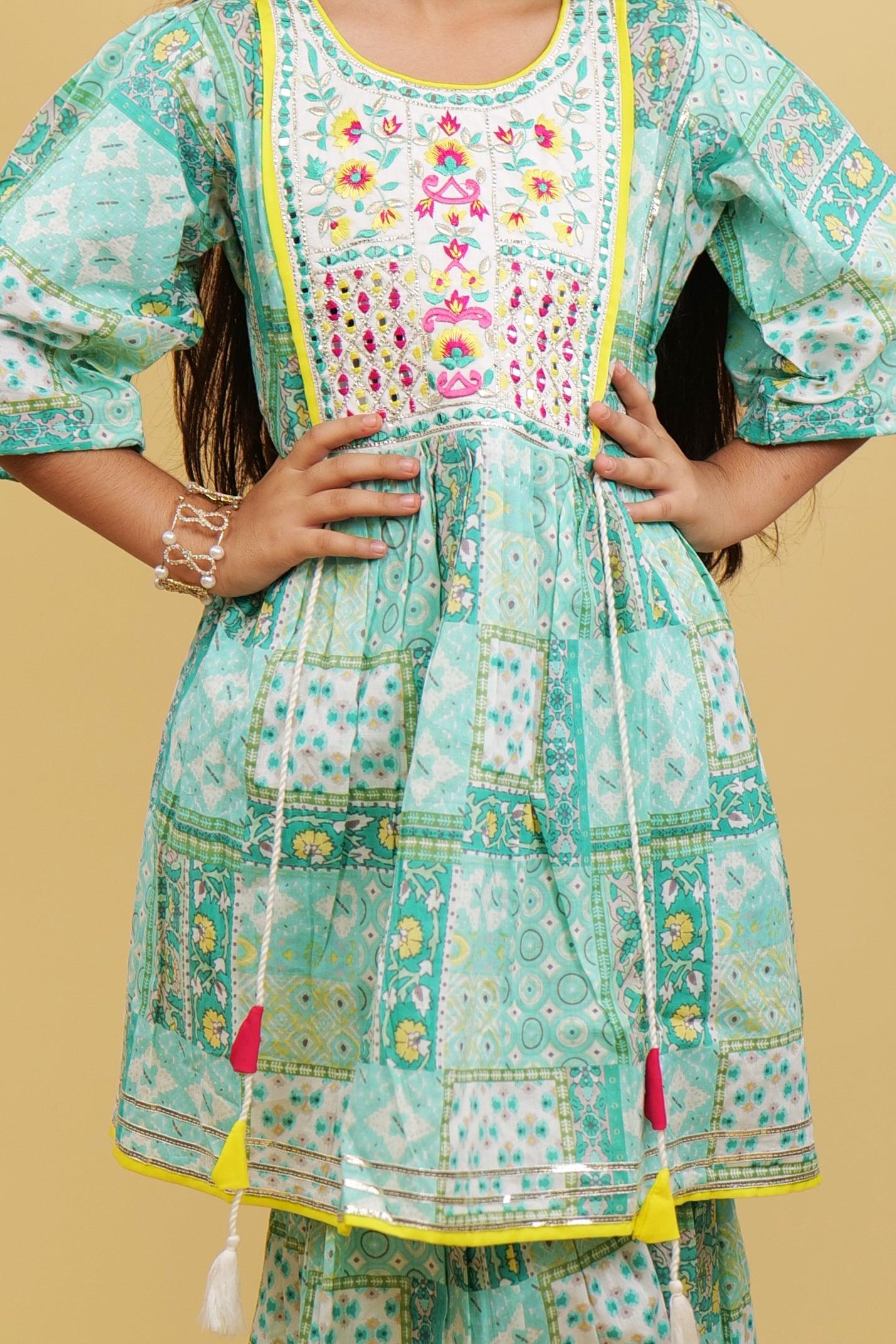 Kurta Sharara Set For Girls: Pista Printed Jaipuri Style Sharara Set For Girls