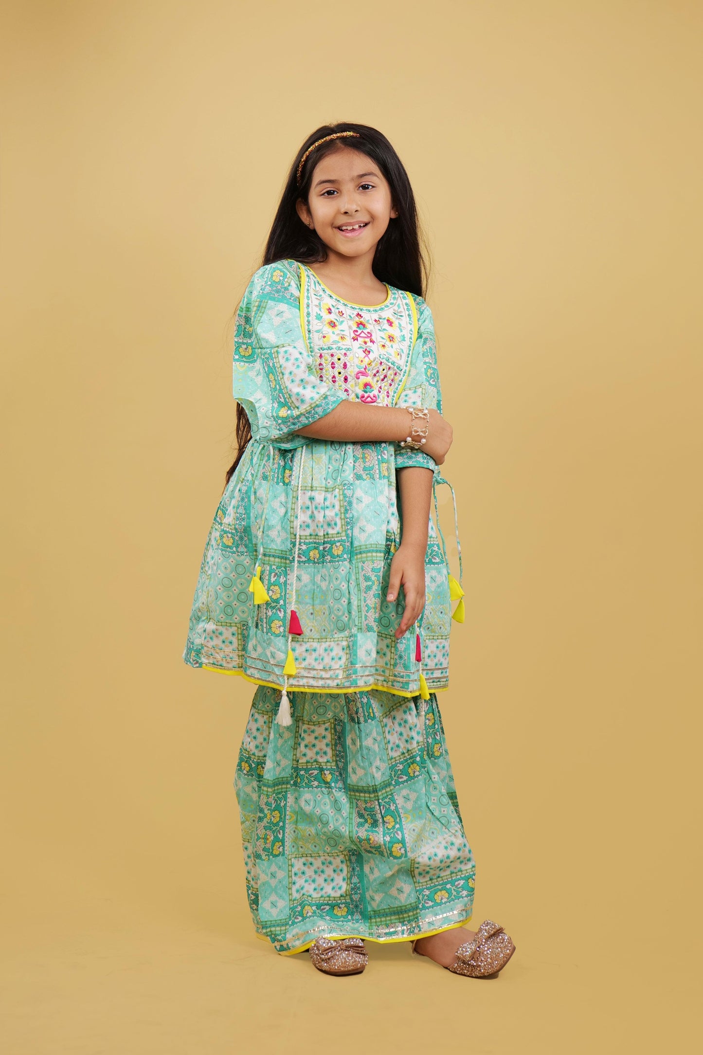 Kurta Sharara Set For Girls: Pista Printed Jaipuri Style Sharara Set For Girls