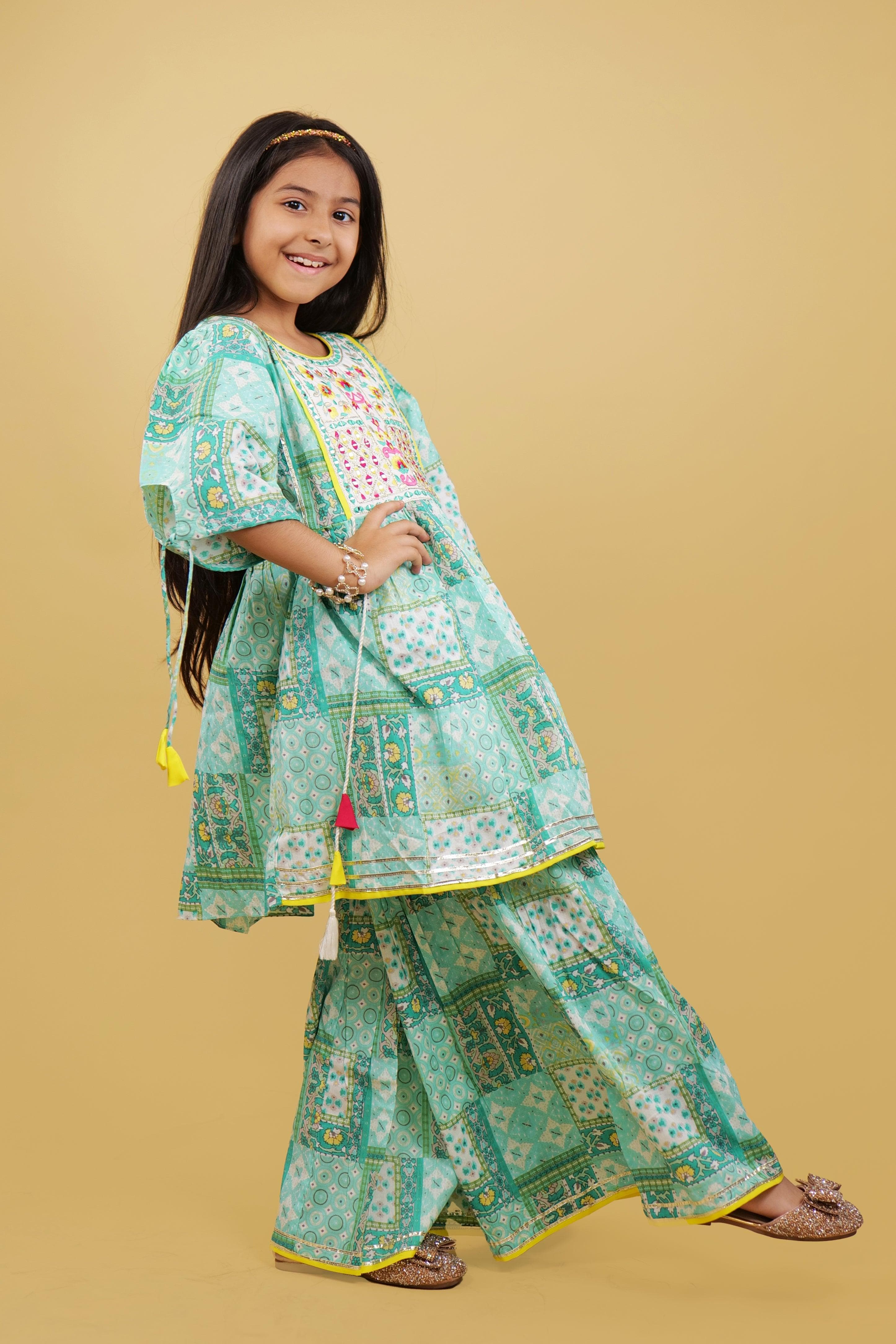 Kurta Sharara Set For Girls: Pista Printed Jaipuri Style Sharara Set For Girls