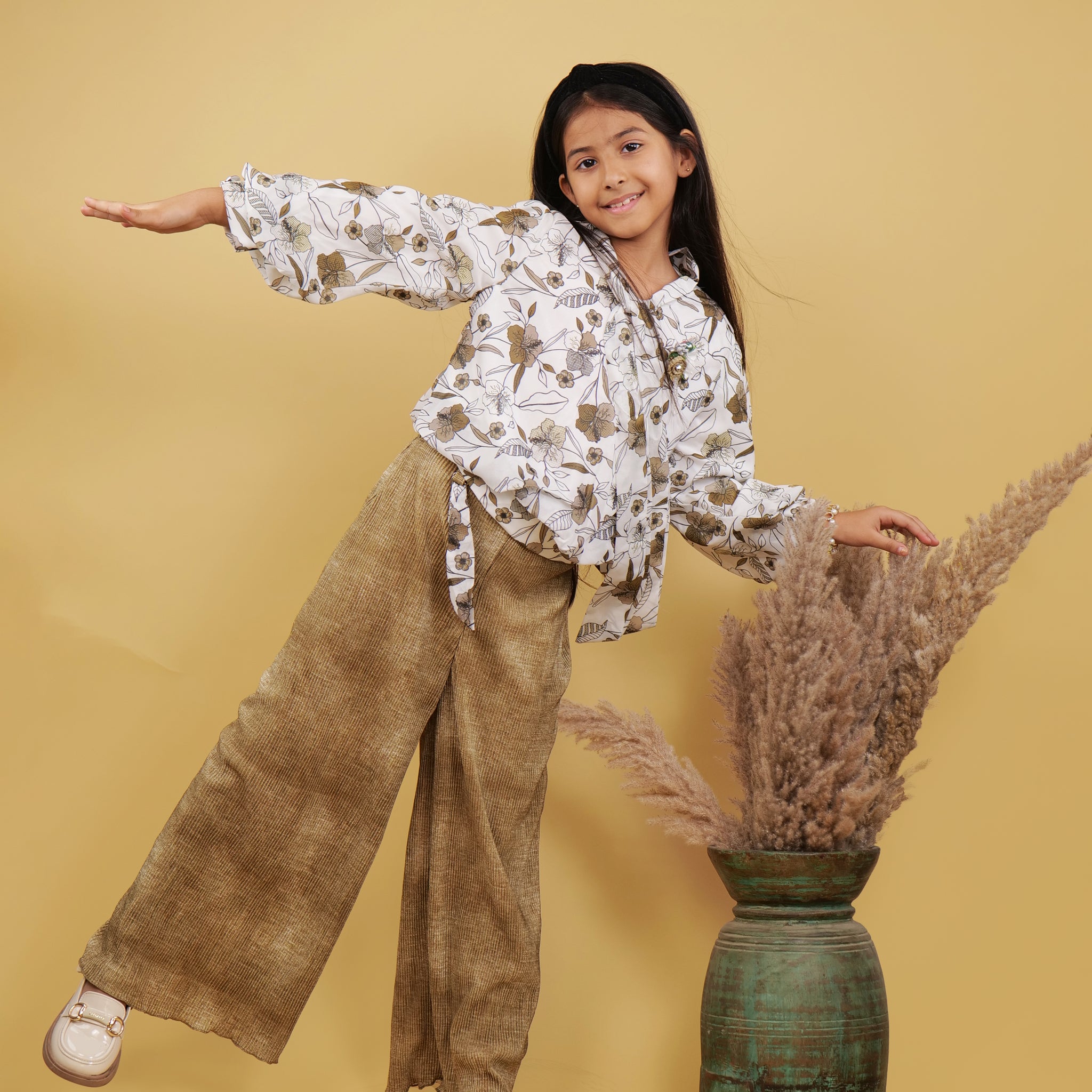 Plazzo Set For Girls: White Top With Shaded Brown Plazzo Pants