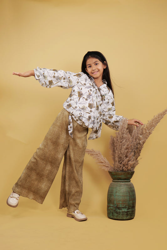 Plazzo Set For Girls: White Top With Shaded Brown Plazzo Pants