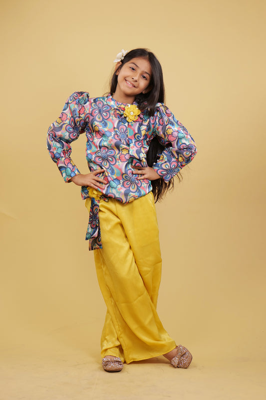 Plazzo Set For Girls: Multi Color Top With Golden Plazzo