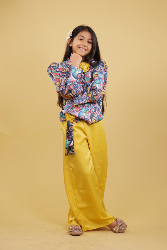 Plazzo Set For Girls: Multi Color Top With Golden Plazzo