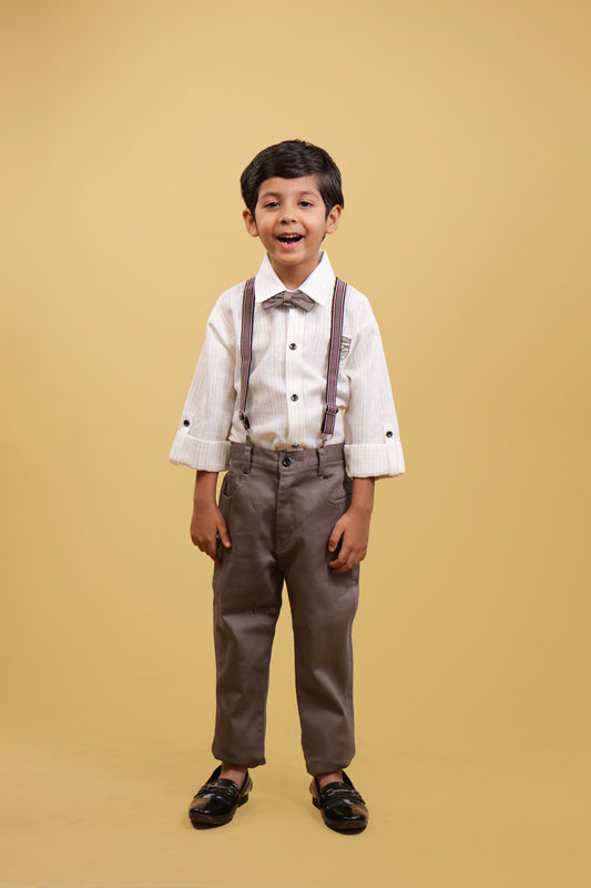 Clothing Sets For Boys: White Lining Shirt With Brown Pants