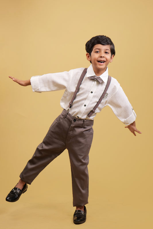 Clothing Sets For Boys: White Lining Shirt With Brown Pants