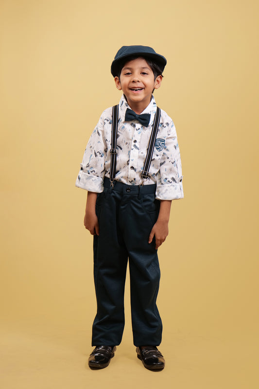 Boys Clothing Sets: Printed White Shirt With Formal Pants And Suspender