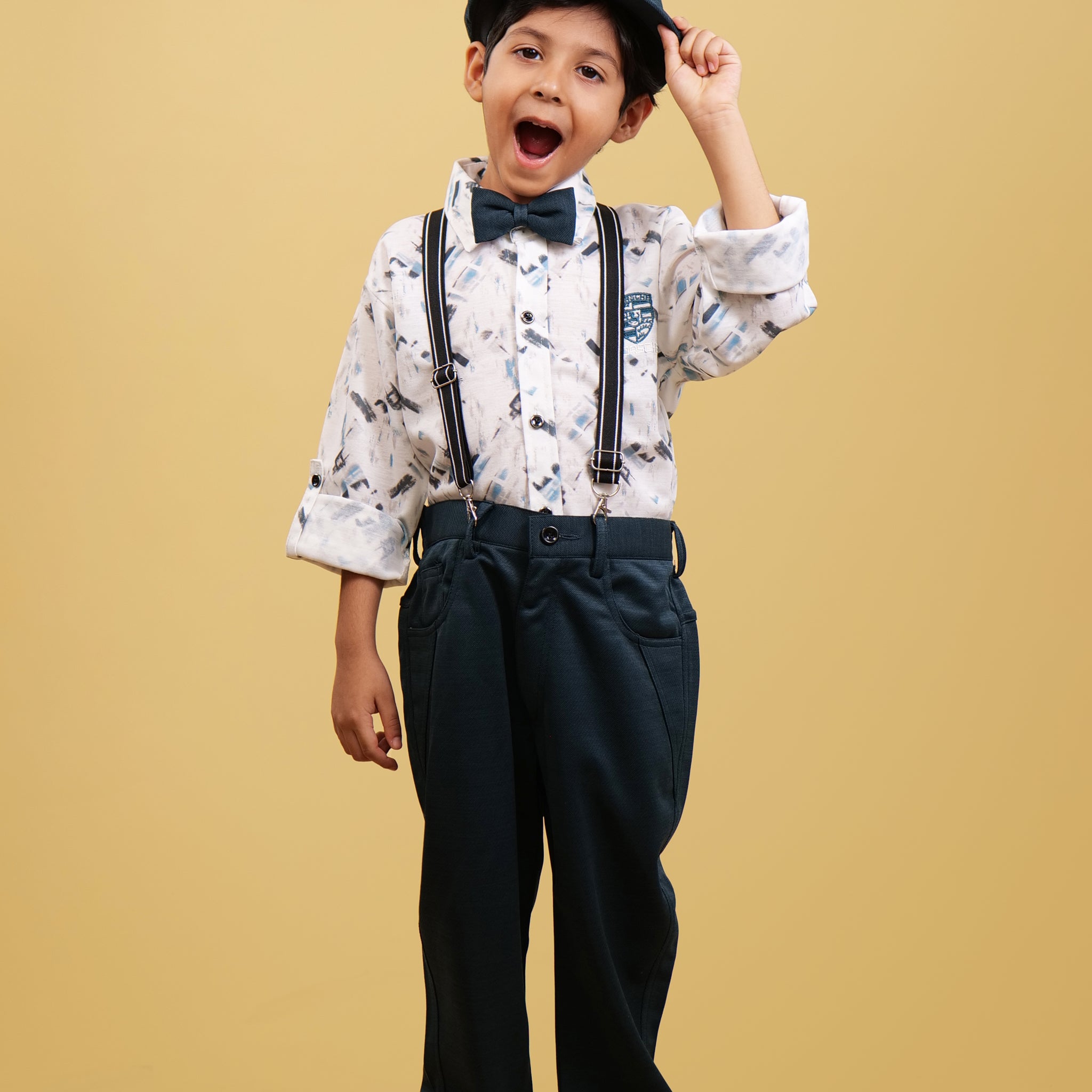 Boys Clothing Sets: Printed White Shirt With Formal Pants And Suspender