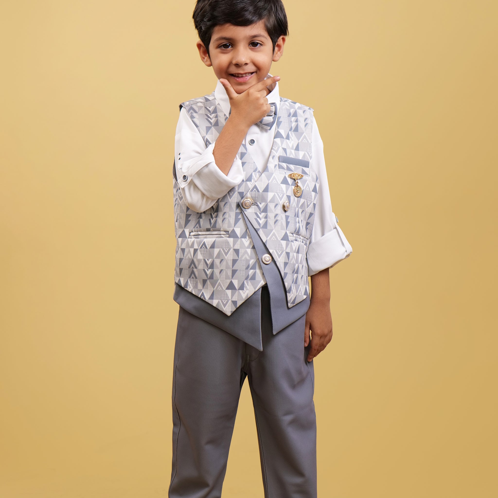 WaistCoat Set For Boys: Printed Grey Coaty with Stylish Shirt and Grey Pants