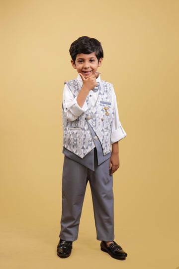 WaistCoat Set For Boys: Printed Grey Coaty with Stylish Shirt and Grey Pants