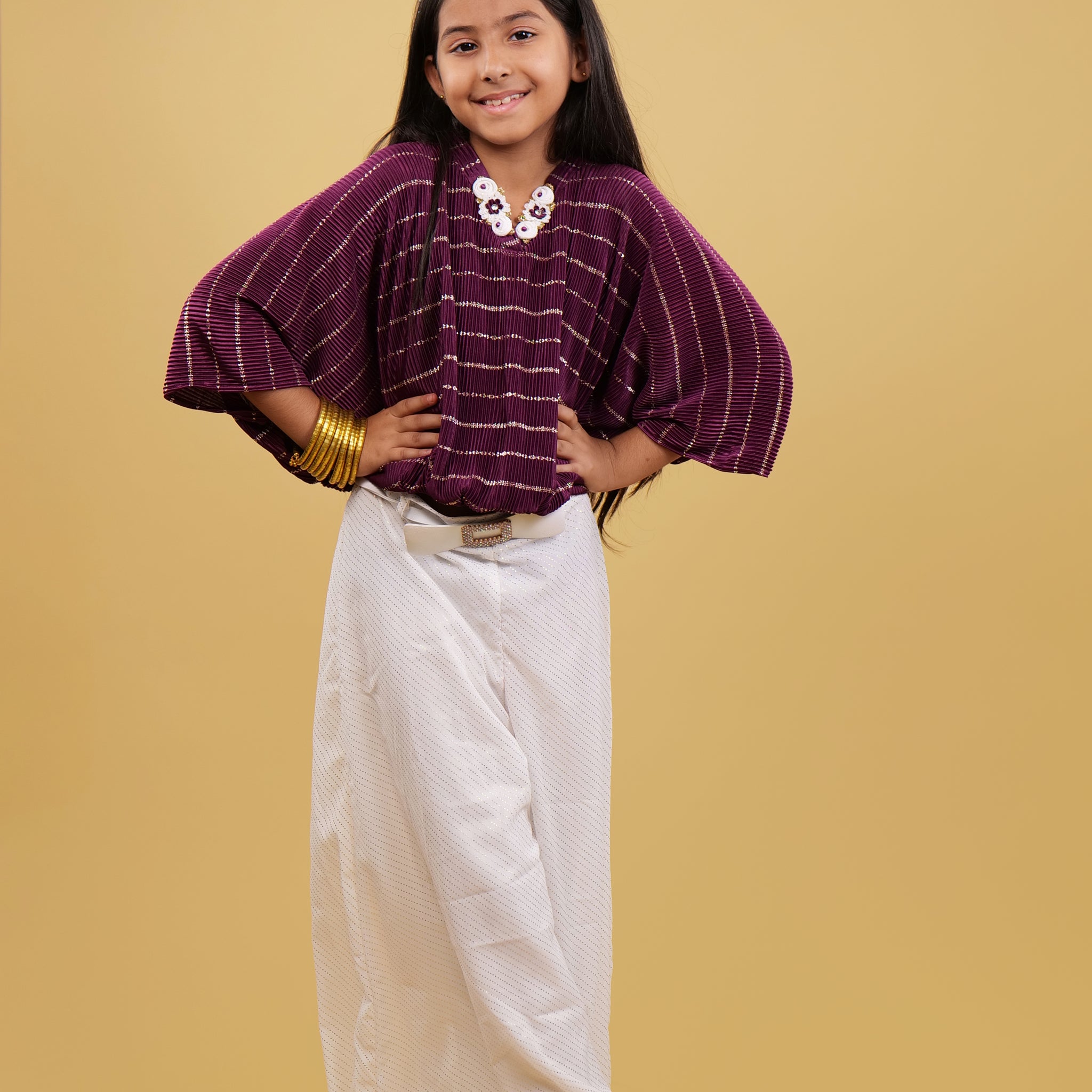 Plazzo Set For Girls: Stylish Wine Kaftan Top with Elegant White Plazzo