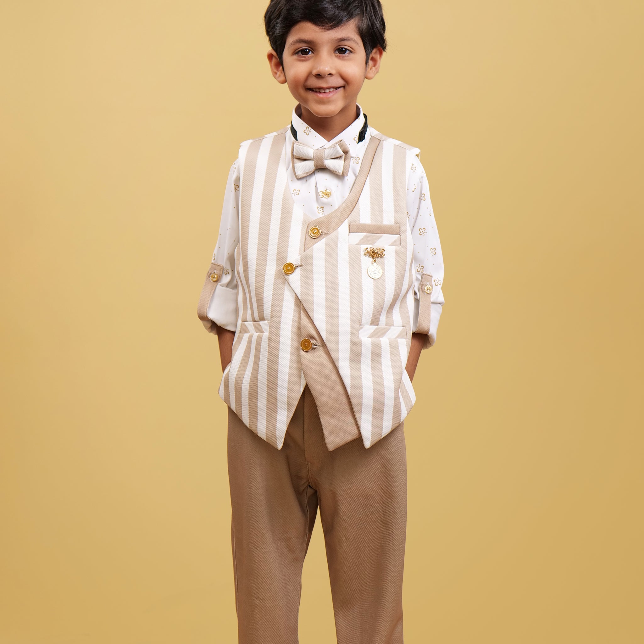 WaistCoat Set For Boys: Fawn Lining Coaty With Fawn Pant And White Shirt