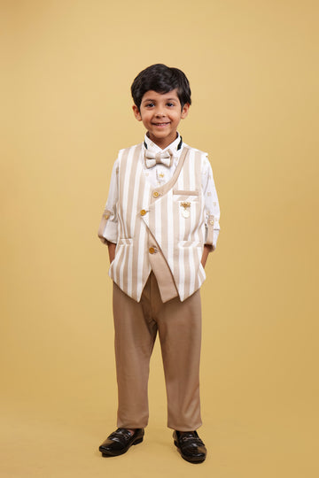 WaistCoat Set For Boys: Fawn Lining Coaty With Fawn Pant And White Shirt