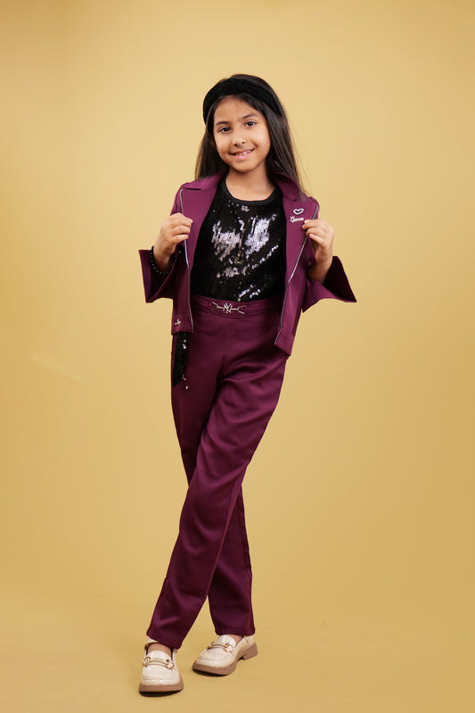 Co-ord Set For Girls: Maroon Color Blazer & Pants With Stylish Black Inner
