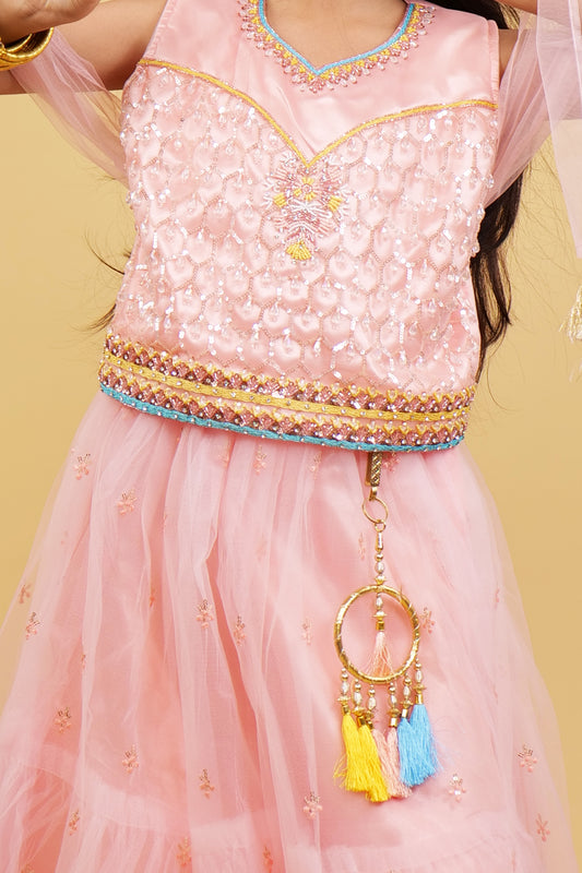 Lehenga  Choli For Girls: Pretty Pink Lehanga Choli Set With Multi Color Linings at Bottom