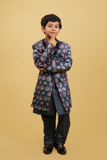 Kurta Pajam For Boys: Full Sleeves Embroidered Coaty with Grey Pajama and Kurta