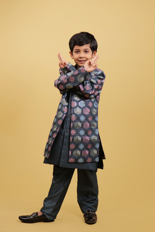 Kurta Pajam For Boys: Full Sleeves Embroidered Coaty with Grey Pajama and Kurta