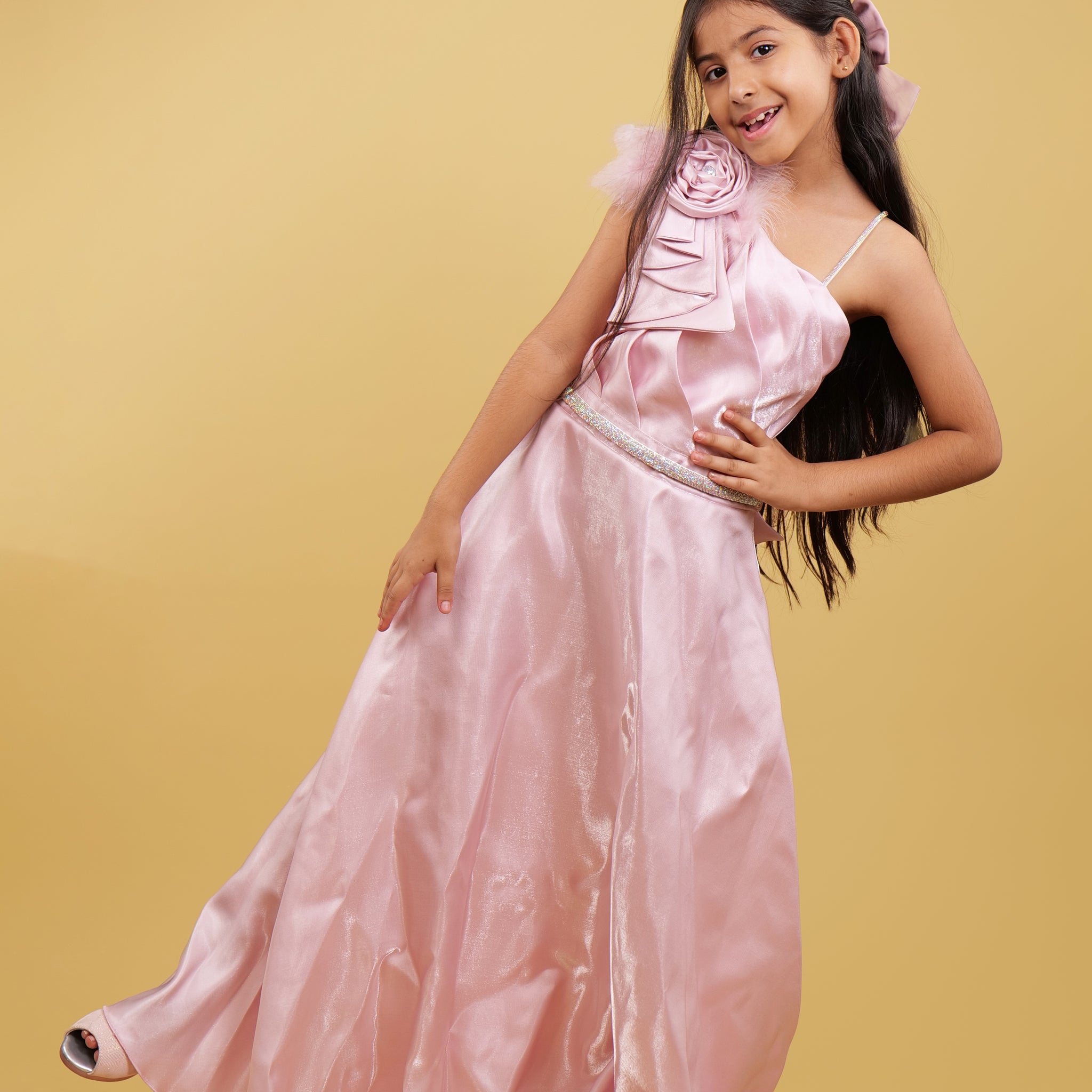 Western Gown For Girls: Peach Plain Western Gown With Offshoulder Look