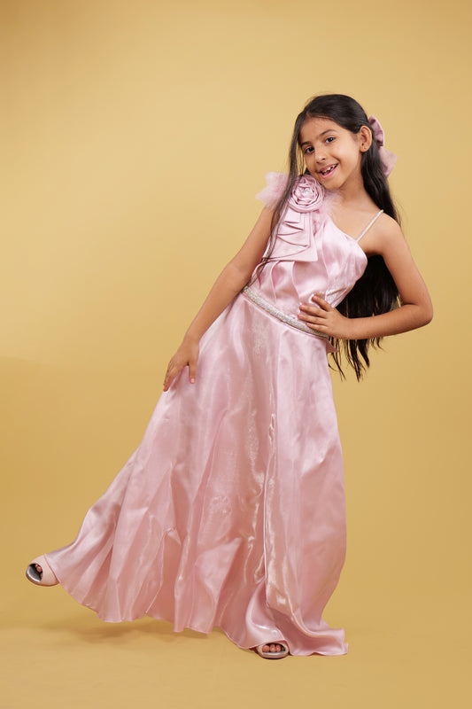 Western Gown For Girls: Peach Plain Western Gown With Offshoulder Look