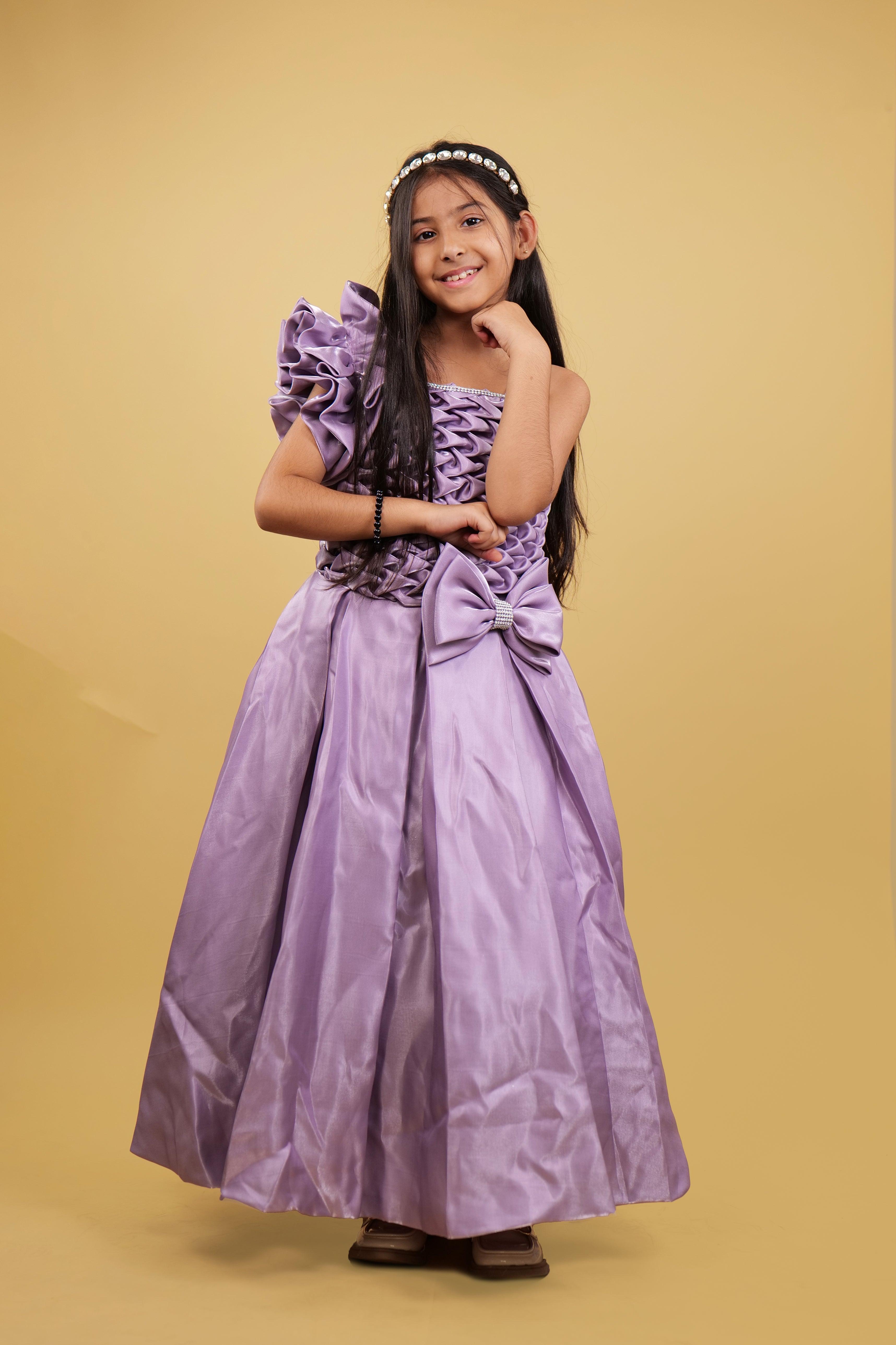 Purple Floral Off-shoulder Gown For Girls