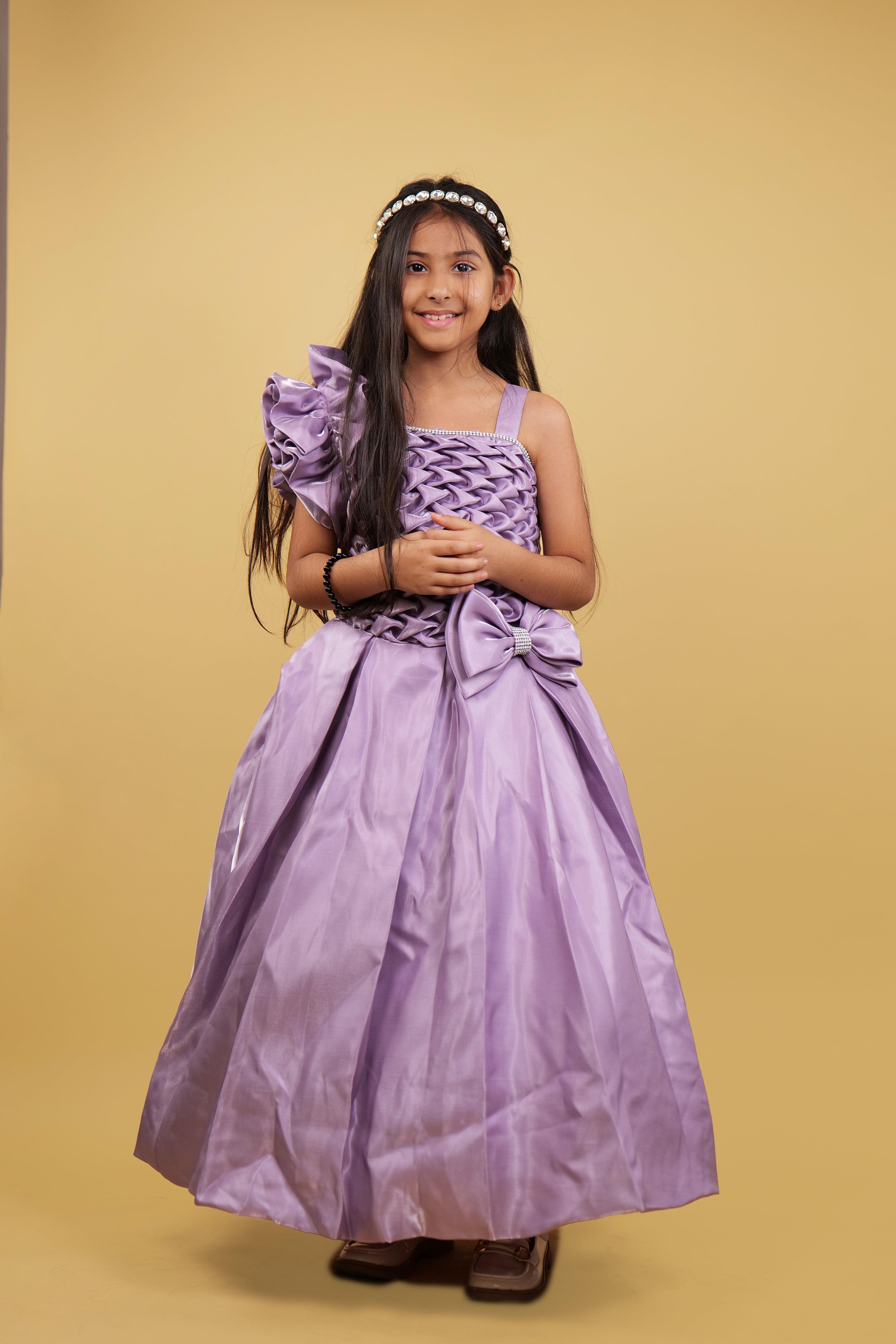 Purple Floral Off-shoulder Gown For Girls