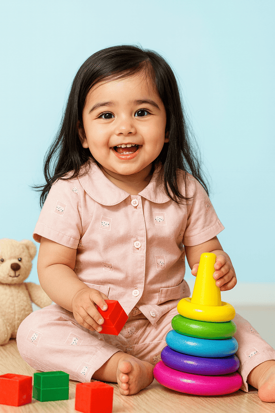 Pink Teddy Sinker Girls's Half Sleeve Sleepwear Set | Front Open